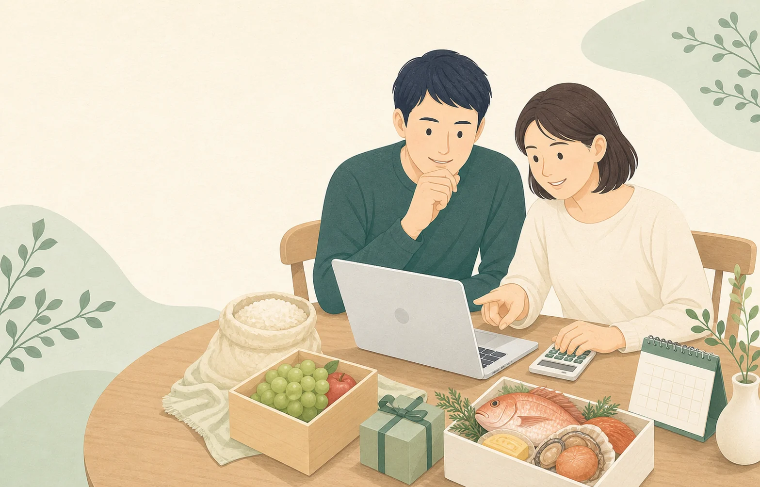 家族でパソコンと電卓を使い、地域の返礼品を見ながら寄付額を考えている様子