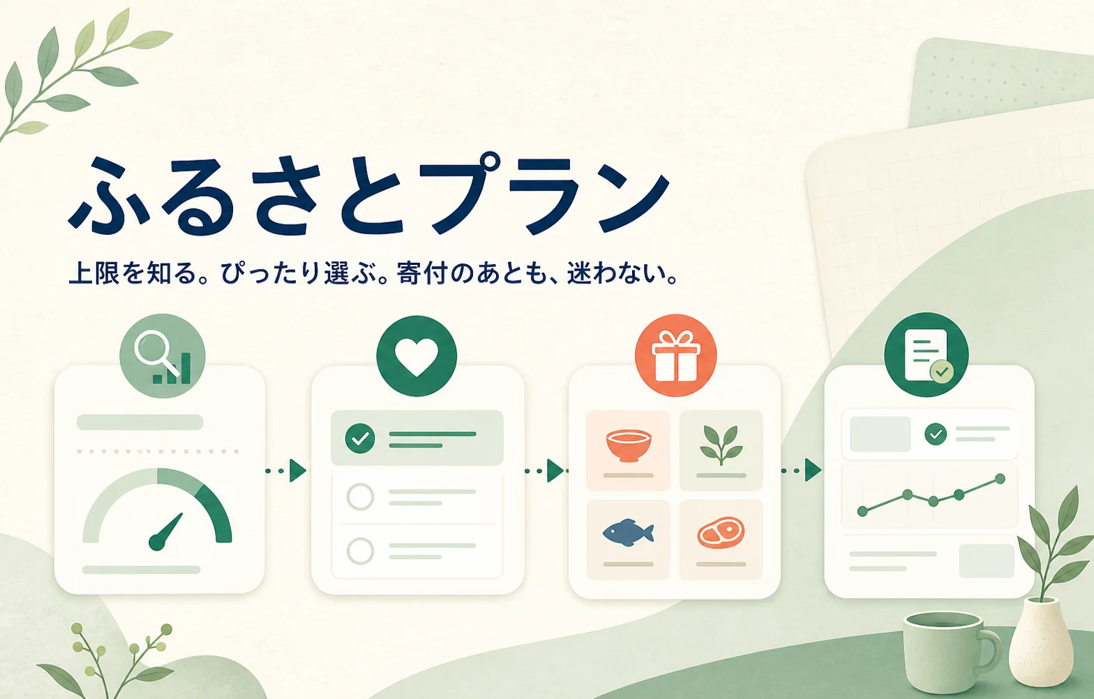 上限を知る、ぴったり選ぶ、返礼品を選ぶ、寄付後を管理する流れを表したふるさとプランの全体像